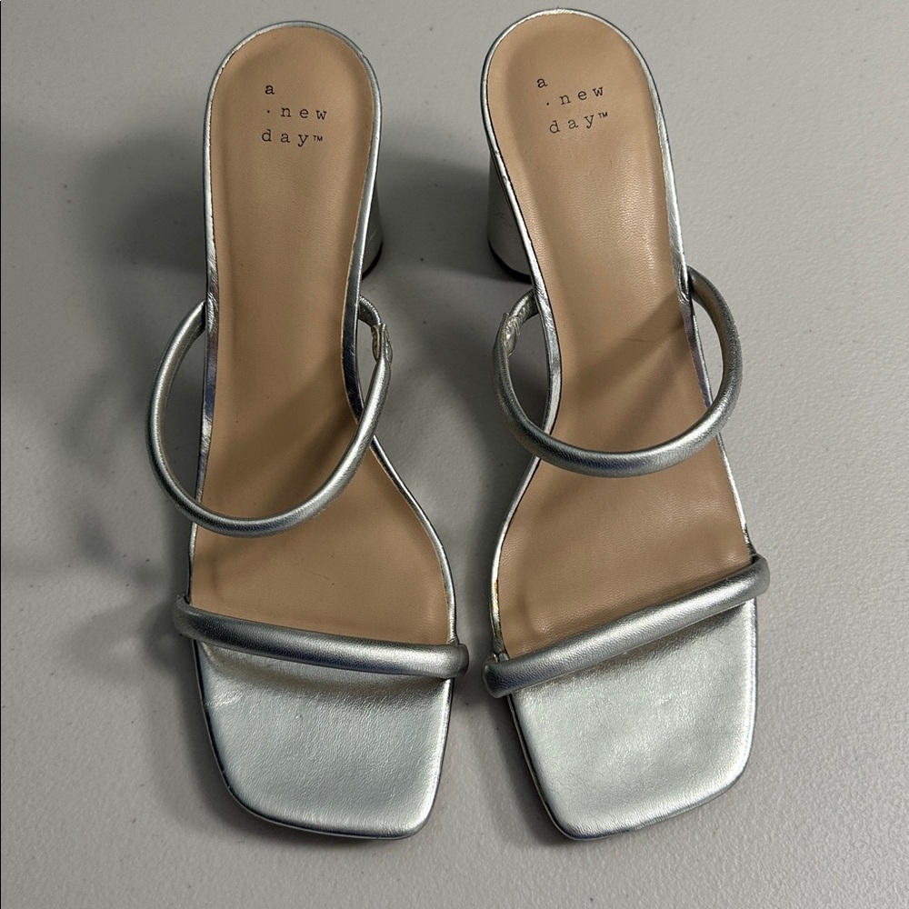 A New Day Silver Slip On Strap Sandals High Heels 3.5” Size 10